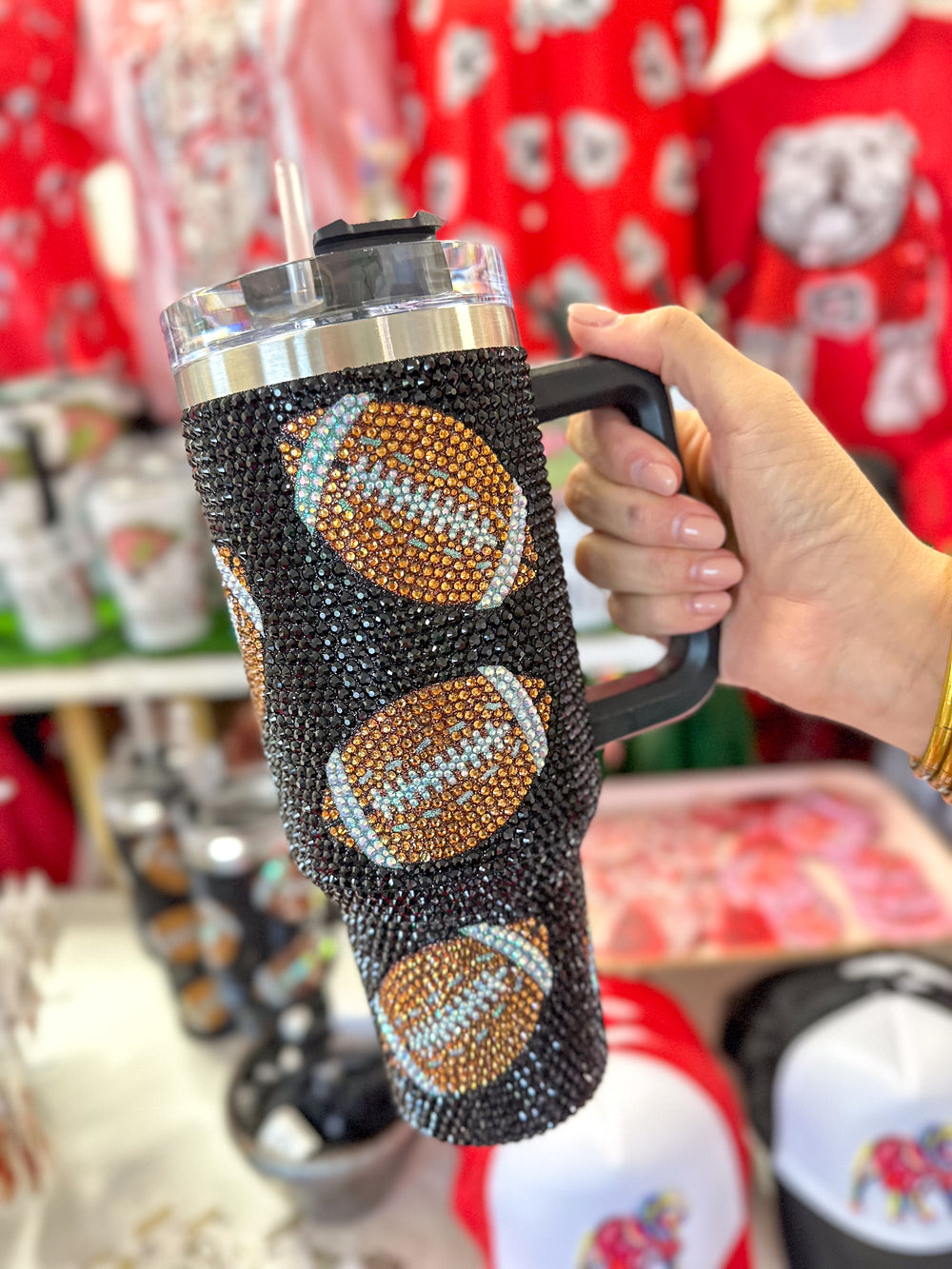 QUEEN OF SPARKLES | Black Rhinestone Football Tumbler