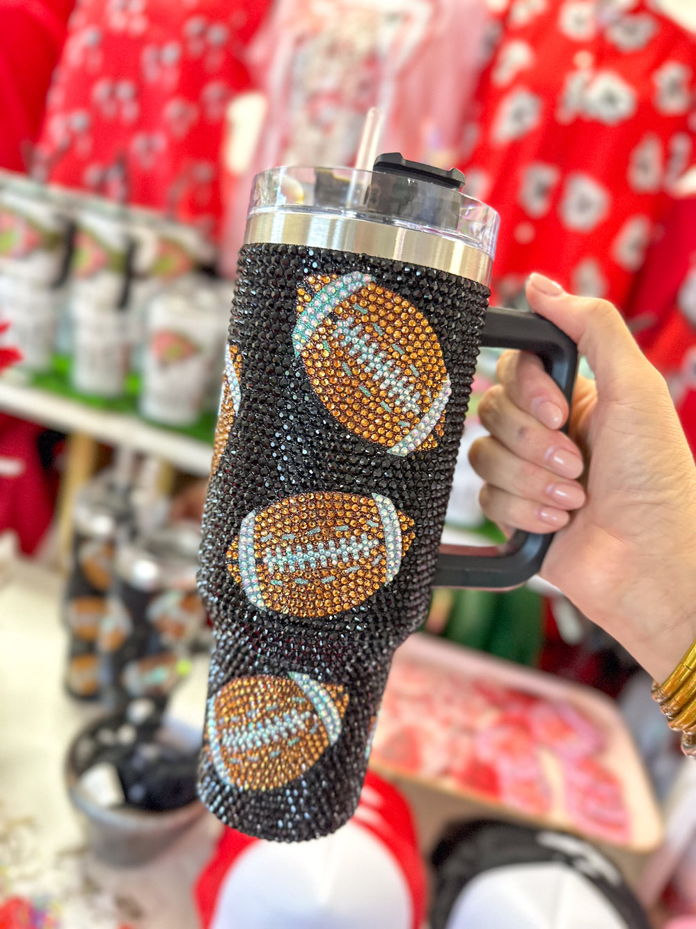 QUEEN OF SPARKLES | Black Rhinestone Football Tumbler