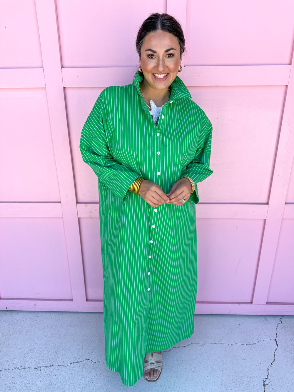 Jincy's Women's Boutique Adrienne Regan Midi Maxi Dress Green Stripe