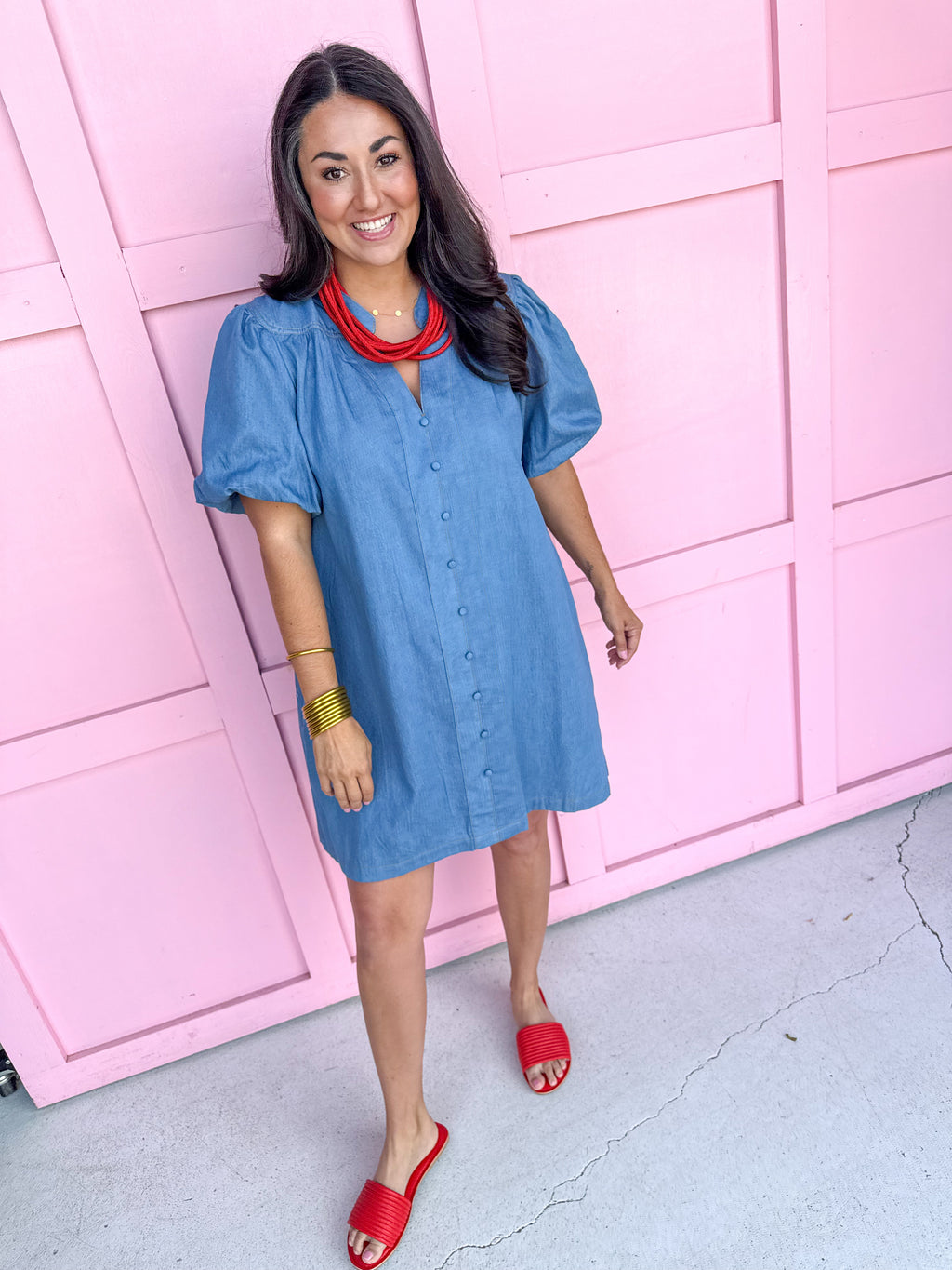 denim puff sleeves button front mini length womens boutique jincy's 