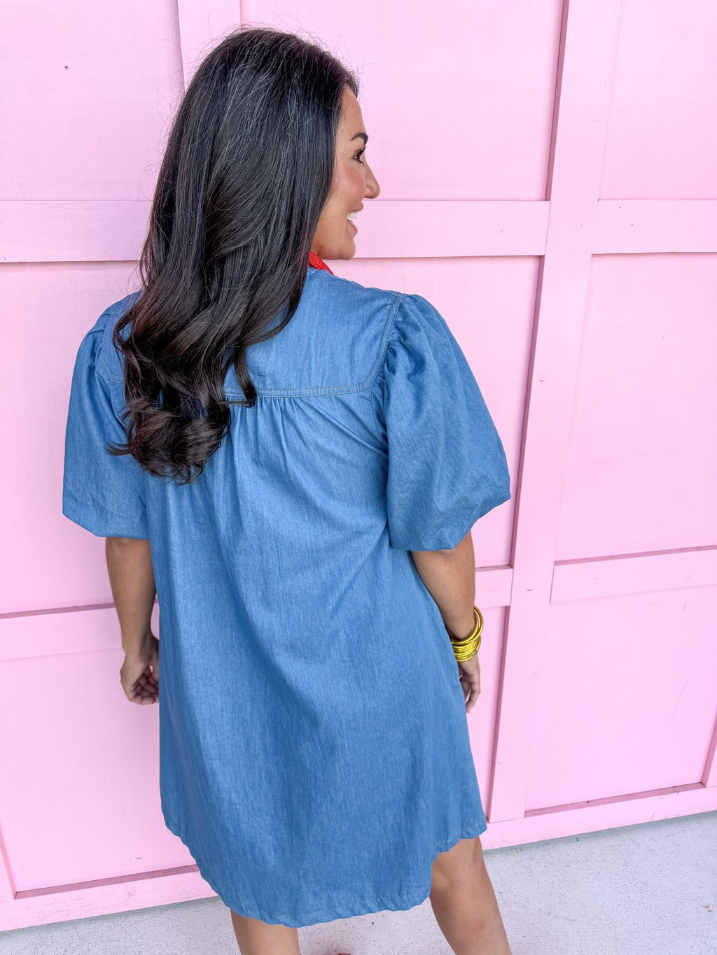 denim puff sleeves button front mini length womens boutique jincy's 
