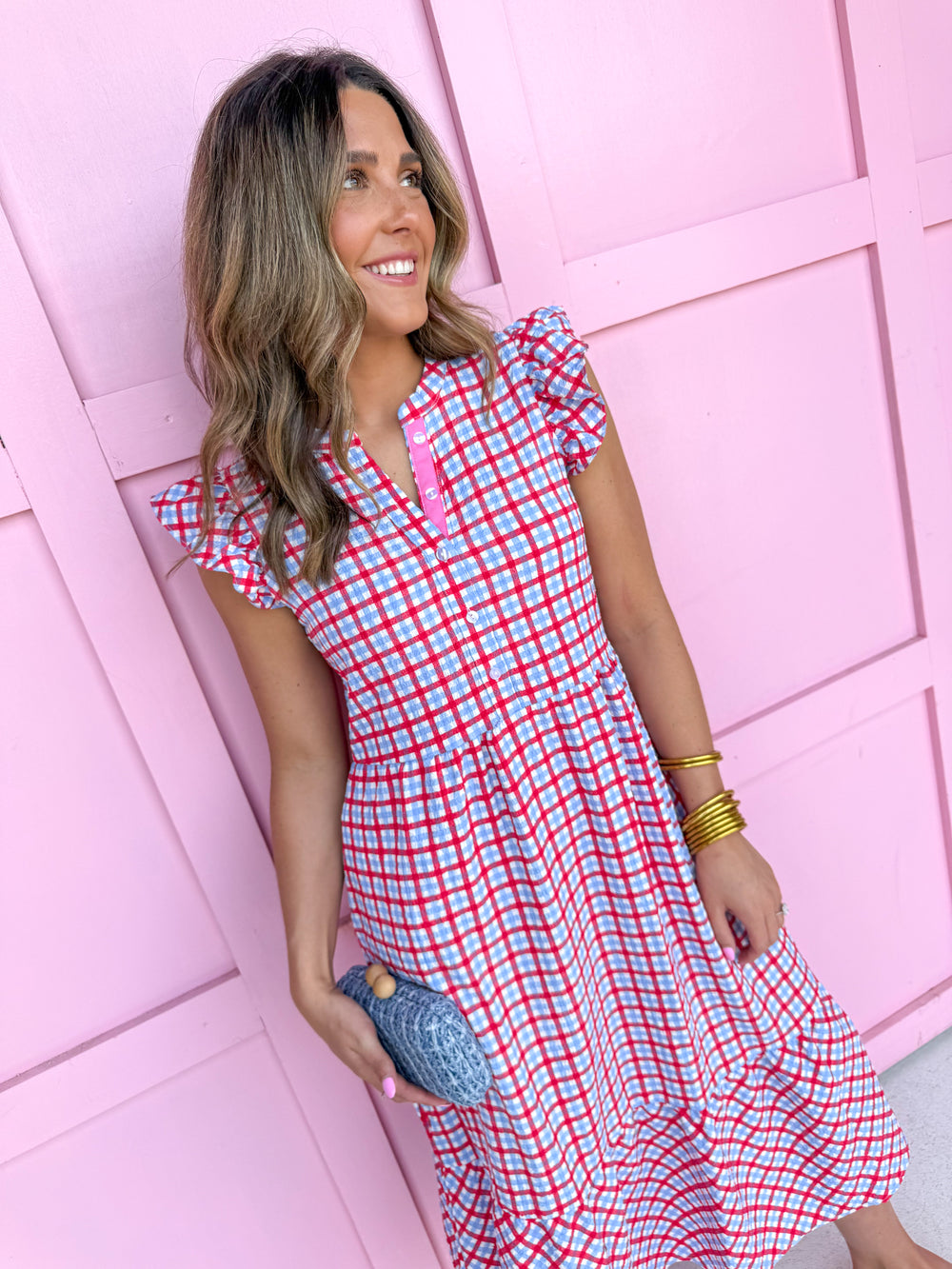 Mary Square Riley Flutter Sleeve Dress Gingham Red/Blue/White womens boutique jincy's
