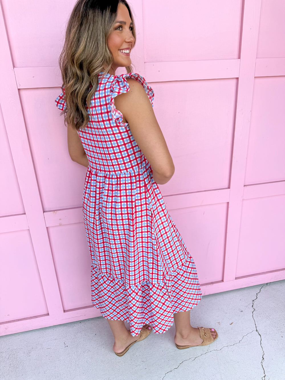 Mary Square Riley Flutter Sleeve Dress Gingham Red/Blue/White womens boutique jincy's