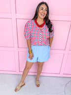 Mary Square Elaine Top Red/Blue/White Gingham button up puff sleeves womens boutique jincy's