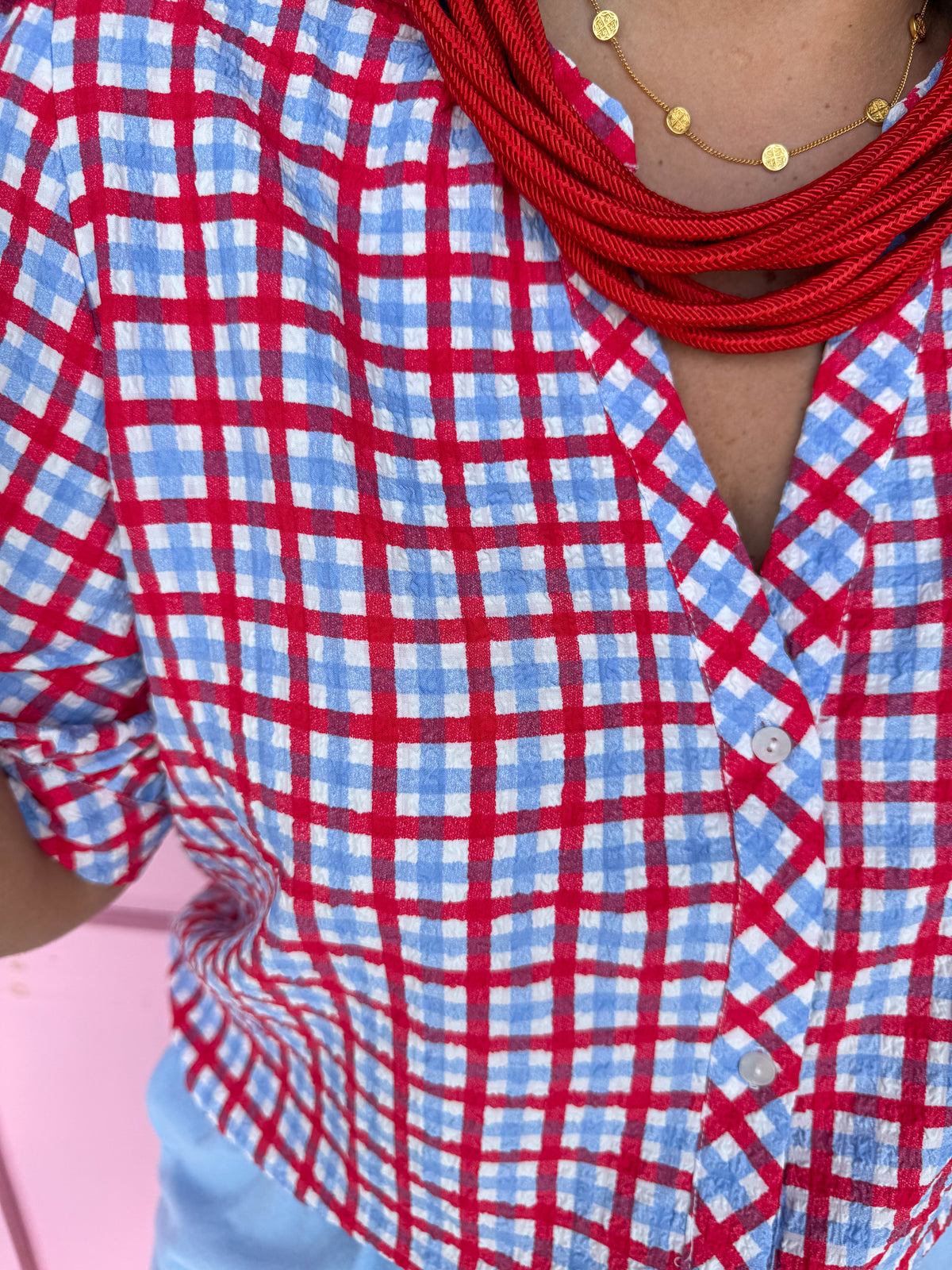 Mary Square Elaine Top Red/Blue/White Gingham button up puff sleeves womens boutique jincy's