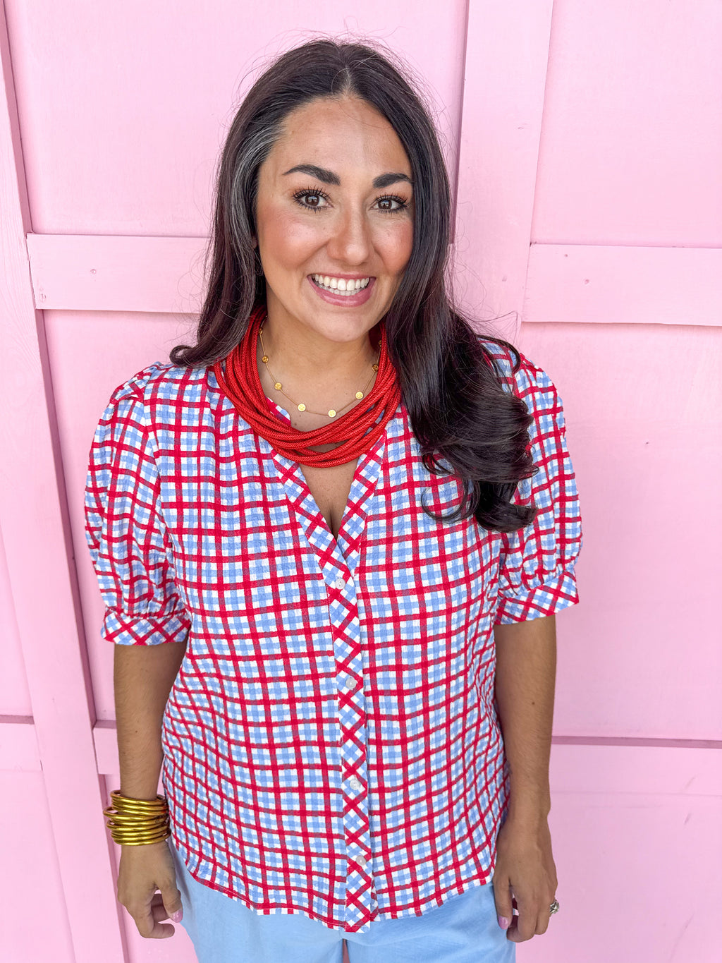Mary Square Elaine Top Red/Blue/White Gingham button up puff sleeves womens boutique jincy's