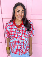 Mary Square Elaine Top Red/Blue/White Gingham button up puff sleeves womens boutique jincy's