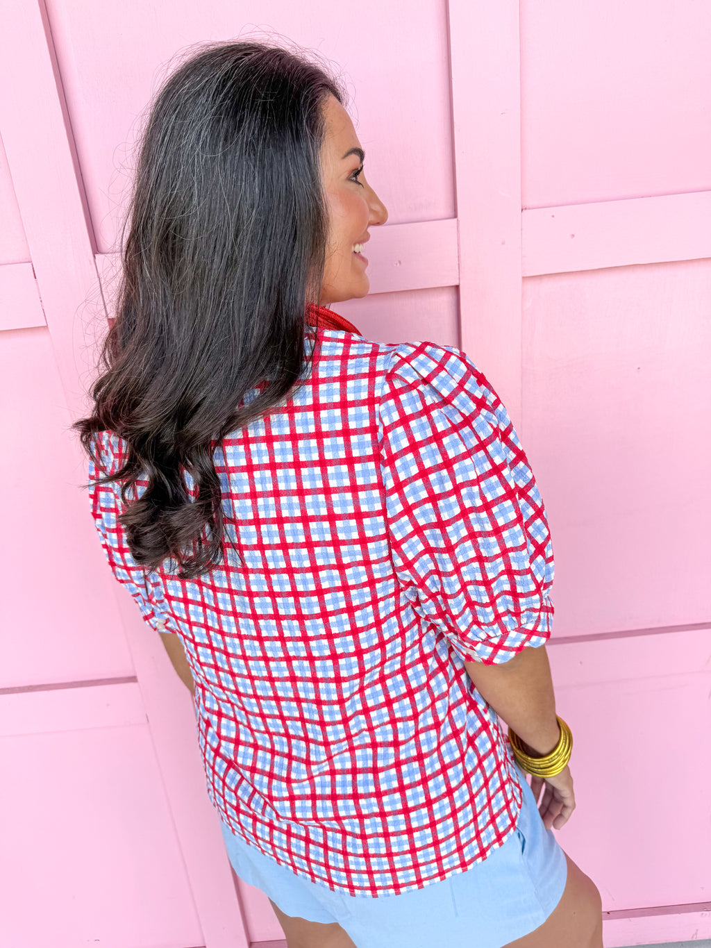 Mary Square Elaine Top Red/Blue/White Gingham button up puff sleeves womens boutique jincy's