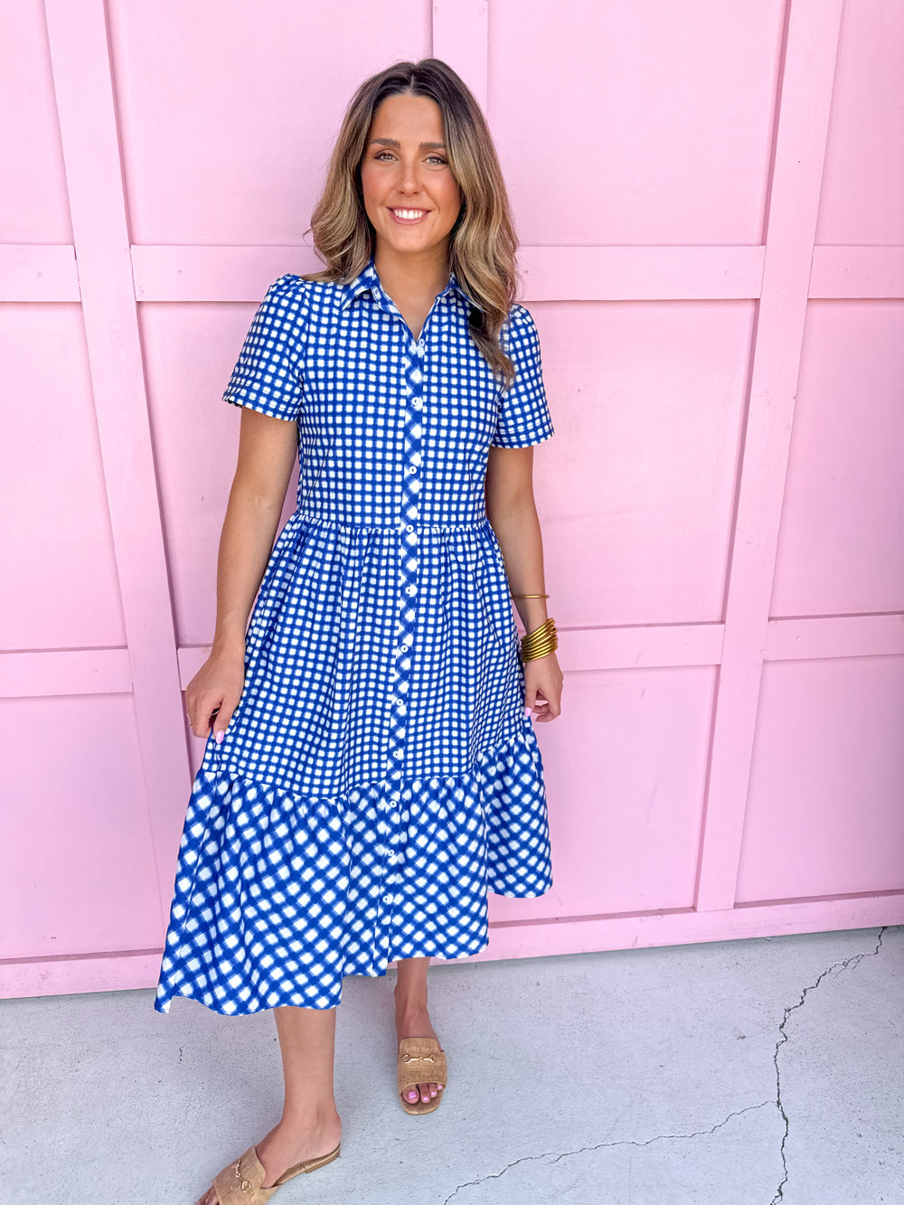 Mary Square Jema Dress Navy Mix Gingham blue white tiered short sleeves button front womens boutique jincy's