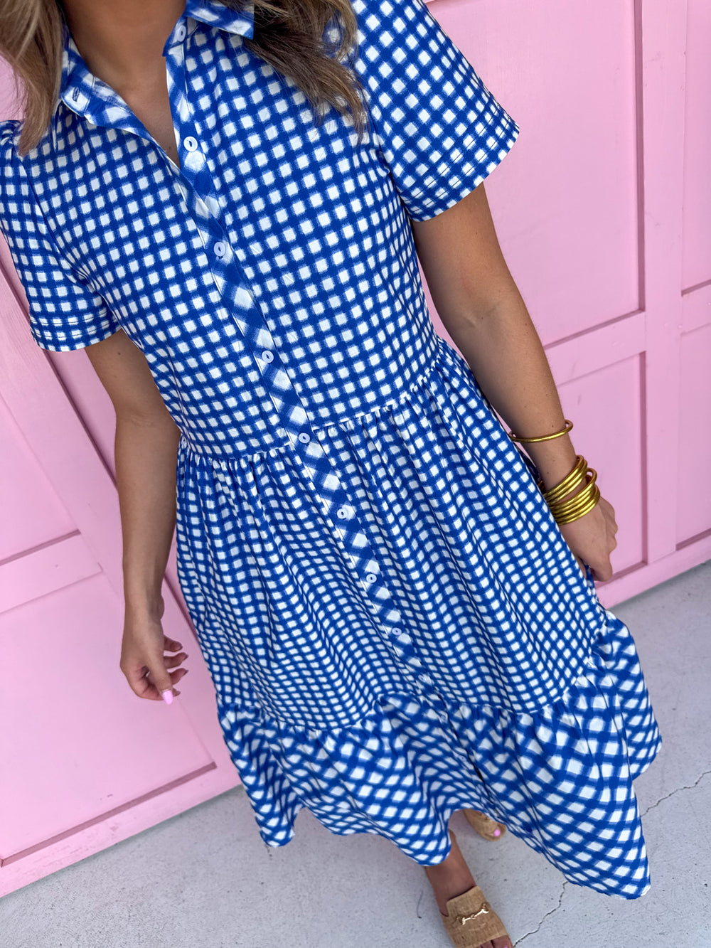 Mary Square Jema Dress Navy Mix Gingham blue white tiered short sleeves button front womens boutique jincy's