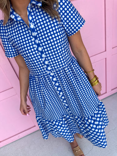 Mary Square Jema Dress Navy Mix Gingham blue white tiered short sleeves button front womens boutique jincy's