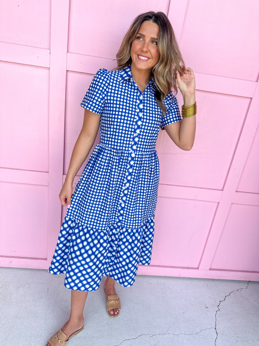 Mary Square Jema Dress Navy Mix Gingham blue white tiered short sleeves button front womens boutique jincy's