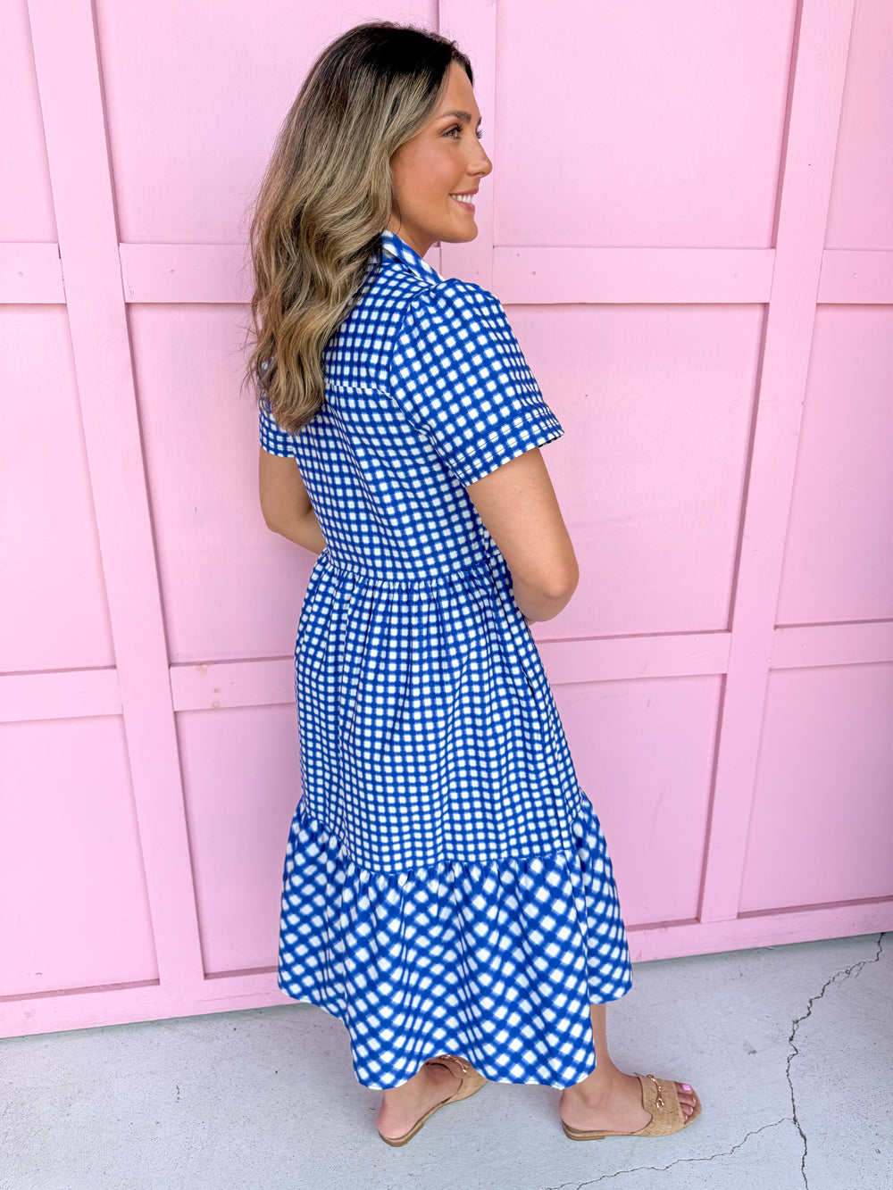 Mary Square Jema Dress Navy Mix Gingham blue white tiered short sleeves button front womens boutique jincy's