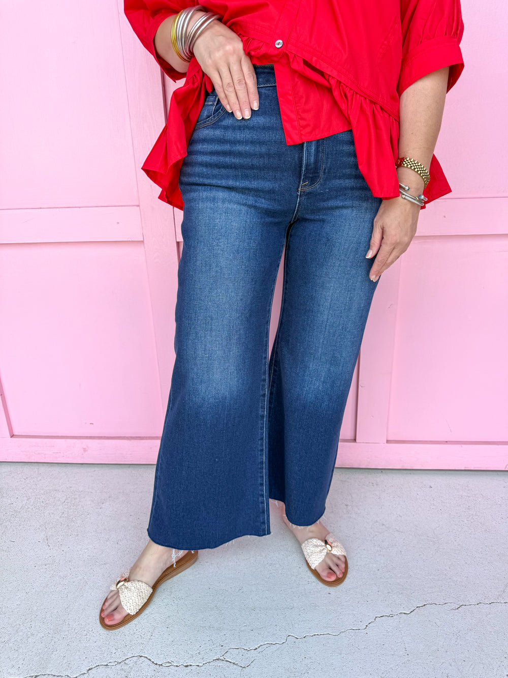 Dark Wash Mid Rise Crop Wide Leg Jeans