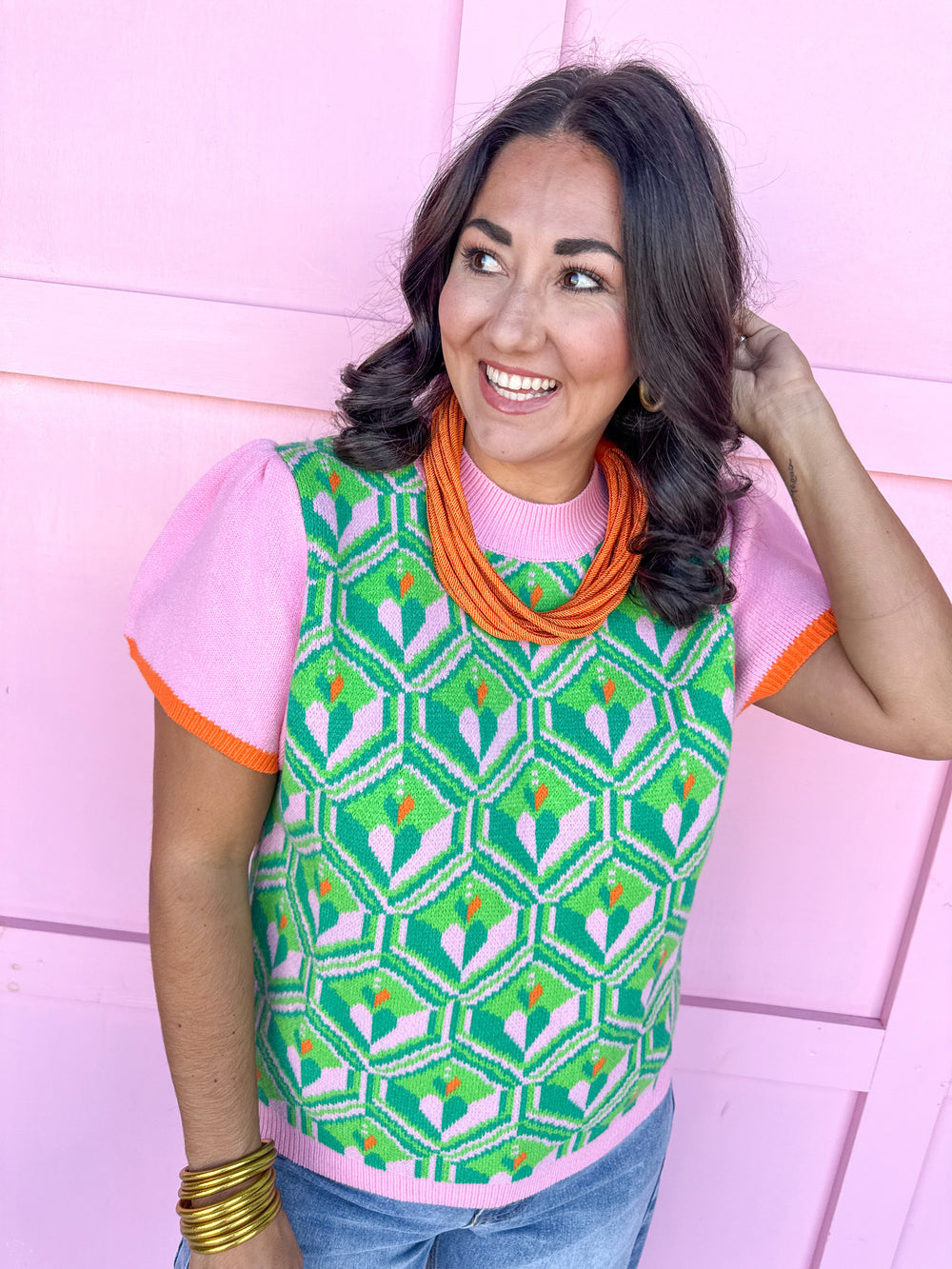 womens boutique sweater top short sleeve lightweight pink greens orange jincy's 