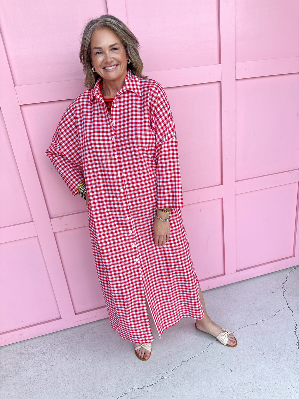 ADRIENNE Regan Dress Red Seer Gingham womens boutique summer button front collared jincy's