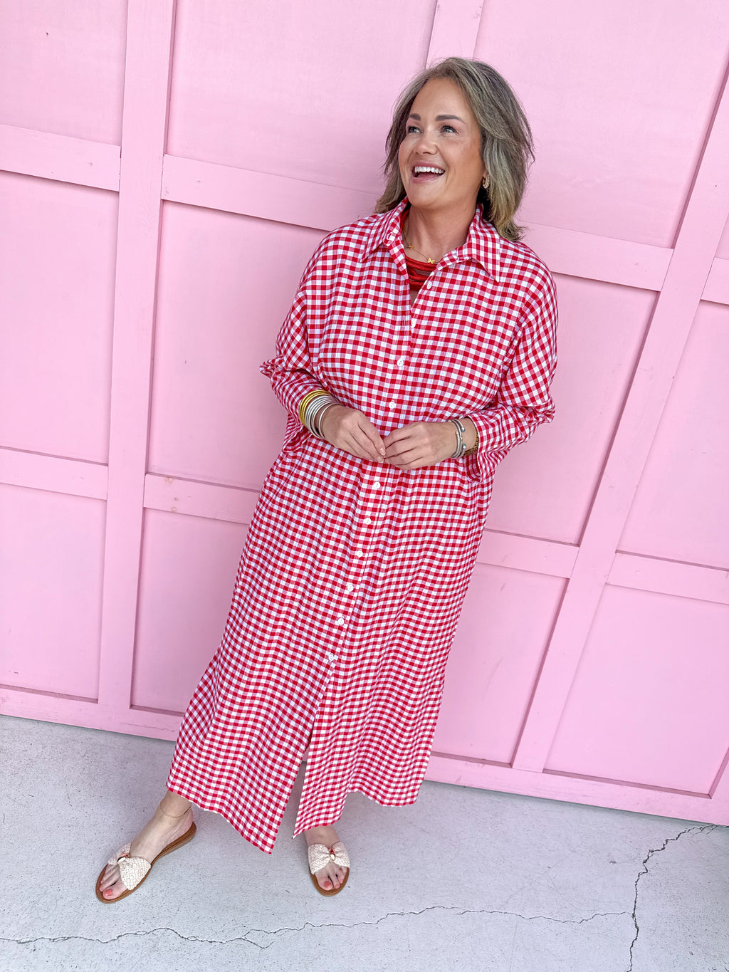 ADRIENNE Regan Dress Red Seer Gingham womens boutique summer button front collared jincy's