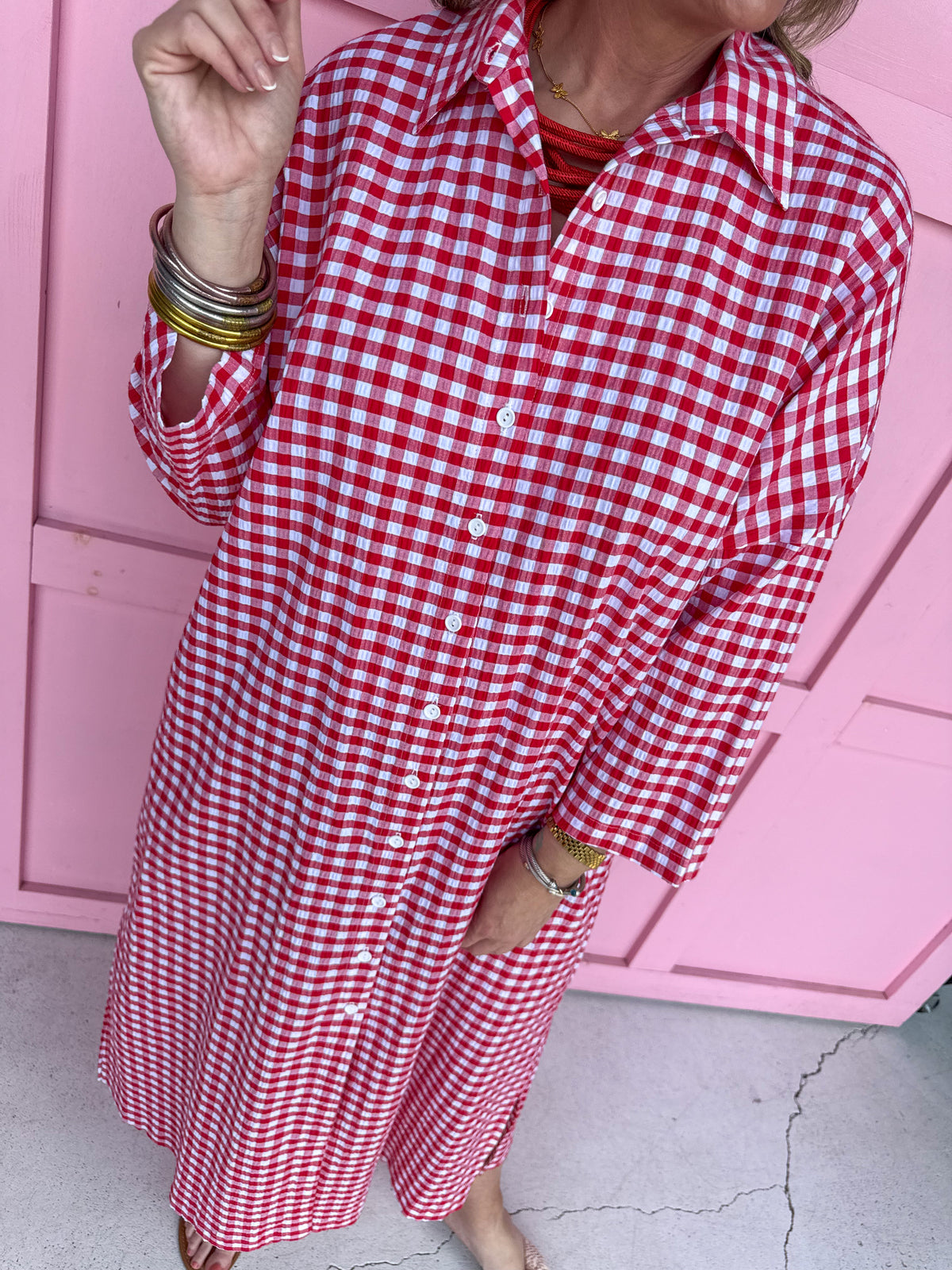 ADRIENNE Regan Dress Red Seer Gingham womens boutique summer button front collared jincy's