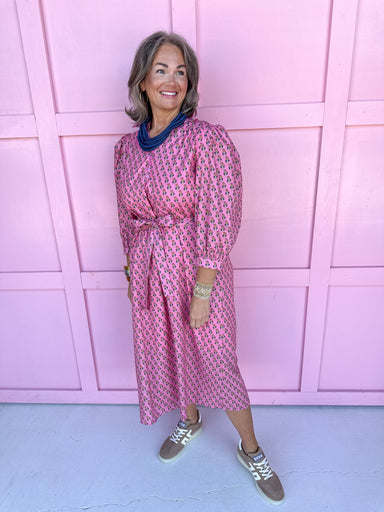 womens boutique midi length floral pattern pink vneck collared button details 3/4 length sleeves jincy's