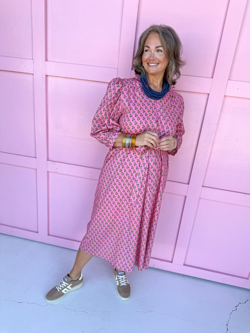 womens boutique midi length floral pattern pink vneck collared button details 3/4 length sleeves jincy's