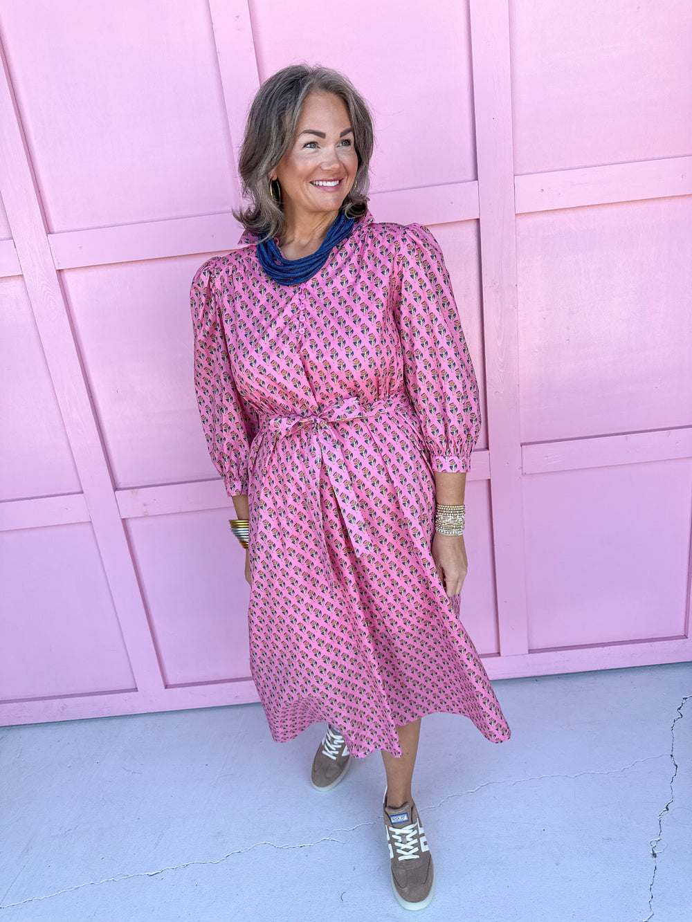 womens boutique midi length floral pattern pink vneck collared button details 3/4 length sleeves jincy's