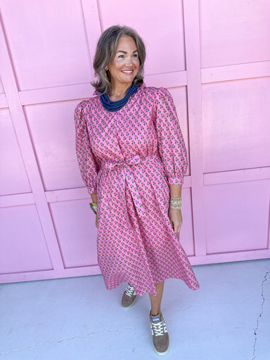 womens boutique midi length floral pattern pink vneck collared button details 3/4 length sleeves jincy's