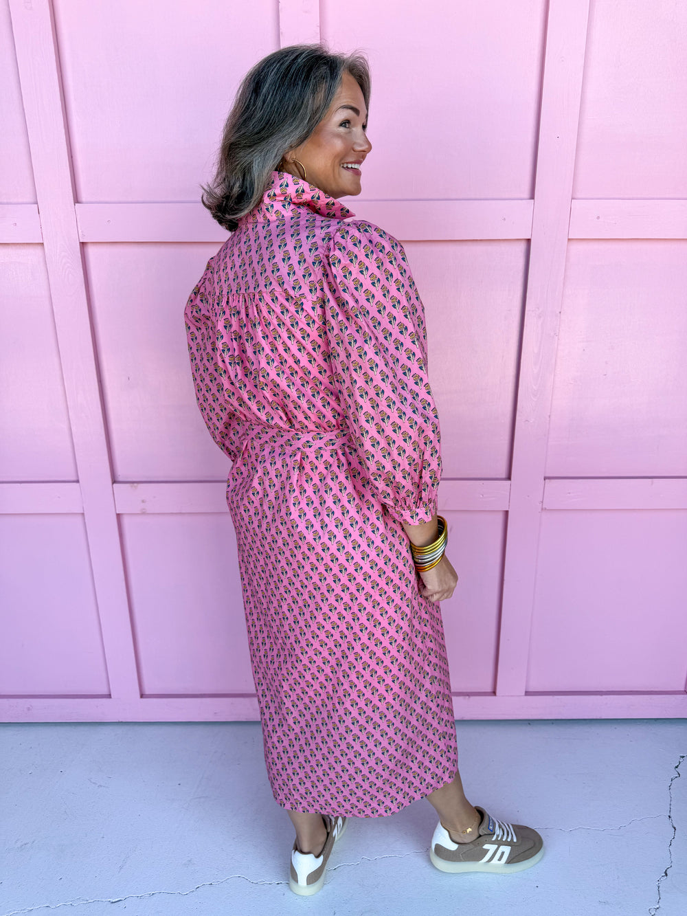 womens boutique midi length floral pattern pink vneck collared button details 3/4 length sleeves jincy's