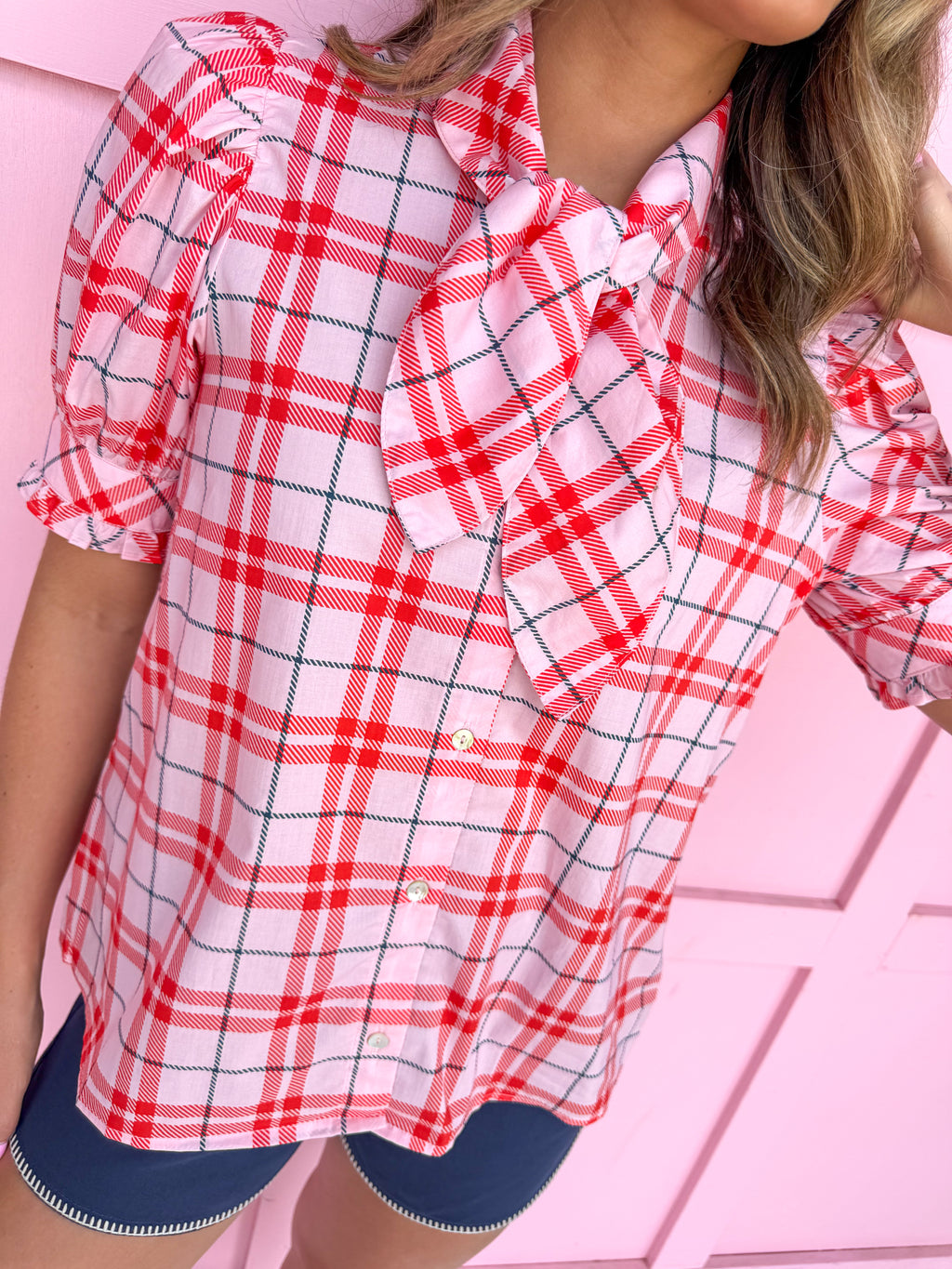 womens boutique plaid button front mini puff sleeves tie neck womens boutique jincy's