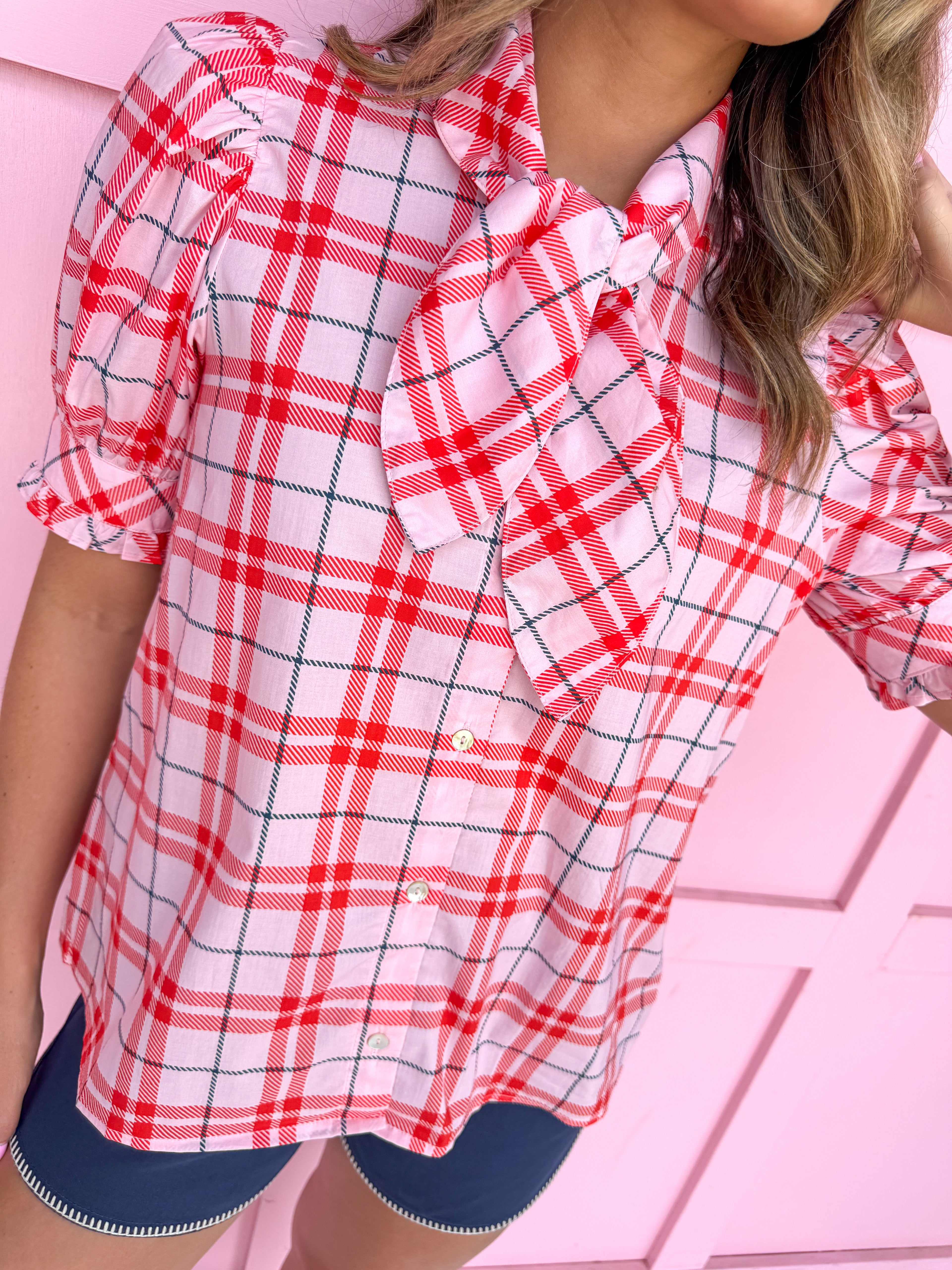 womens boutique plaid button front mini puff sleeves tie neck womens boutique jincy's