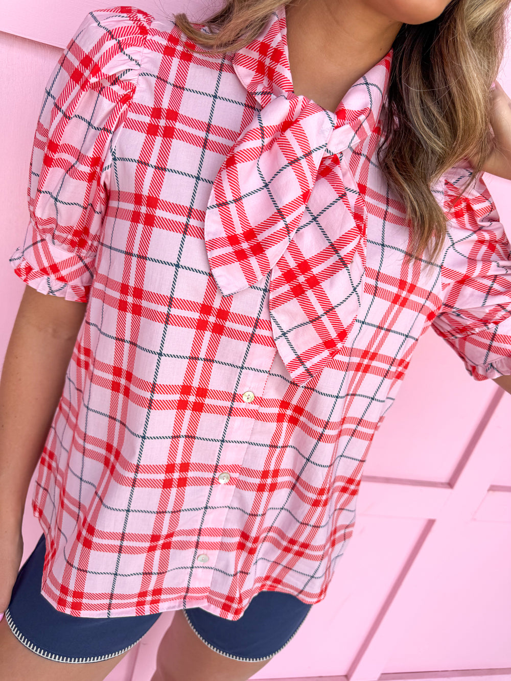 womens boutique plaid button front mini puff sleeves tie neck womens boutique jincy's