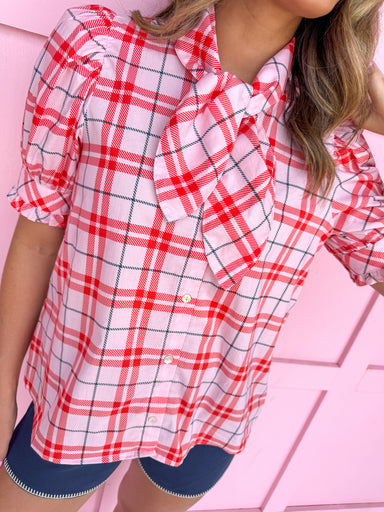 womens boutique plaid button front mini puff sleeves tie neck womens boutique jincy's