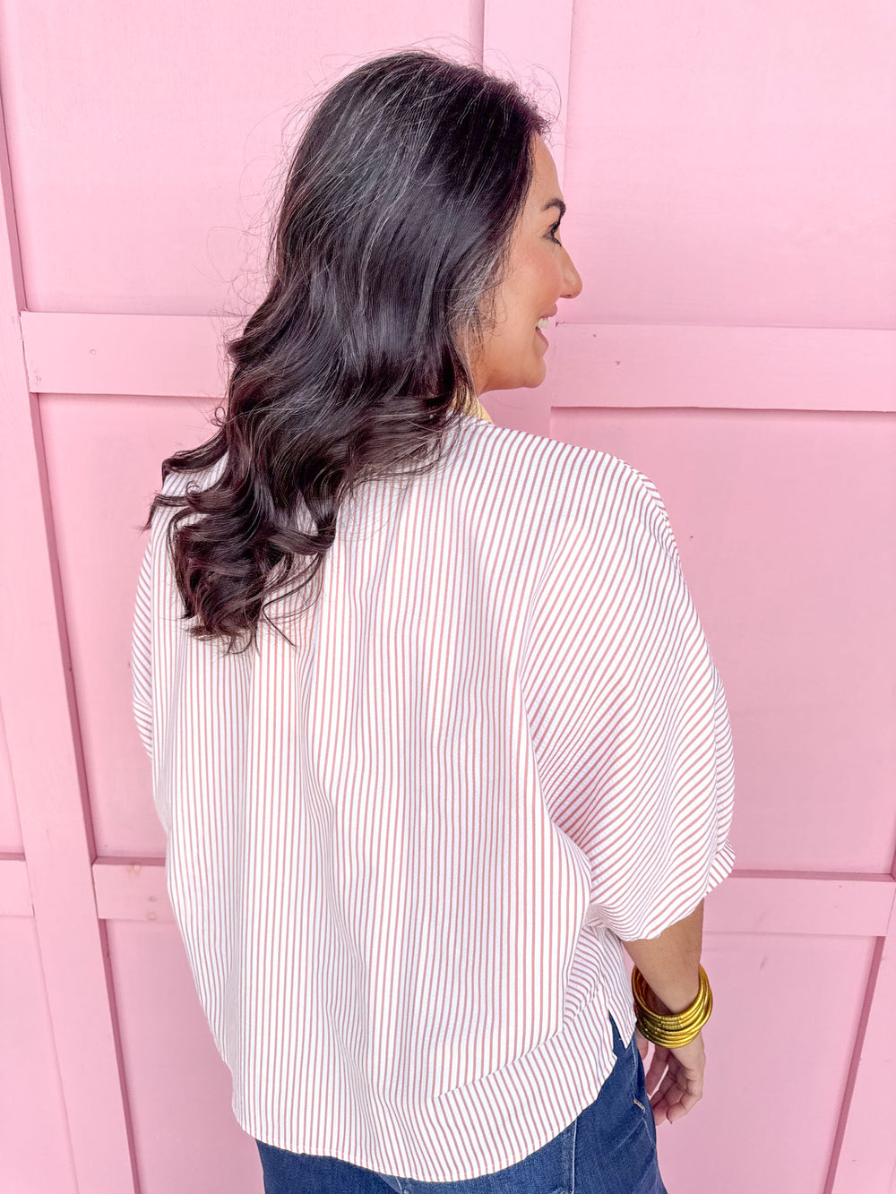 Jincy's Women's Boutique Spring Styles Pink Seersucker Stripe Top