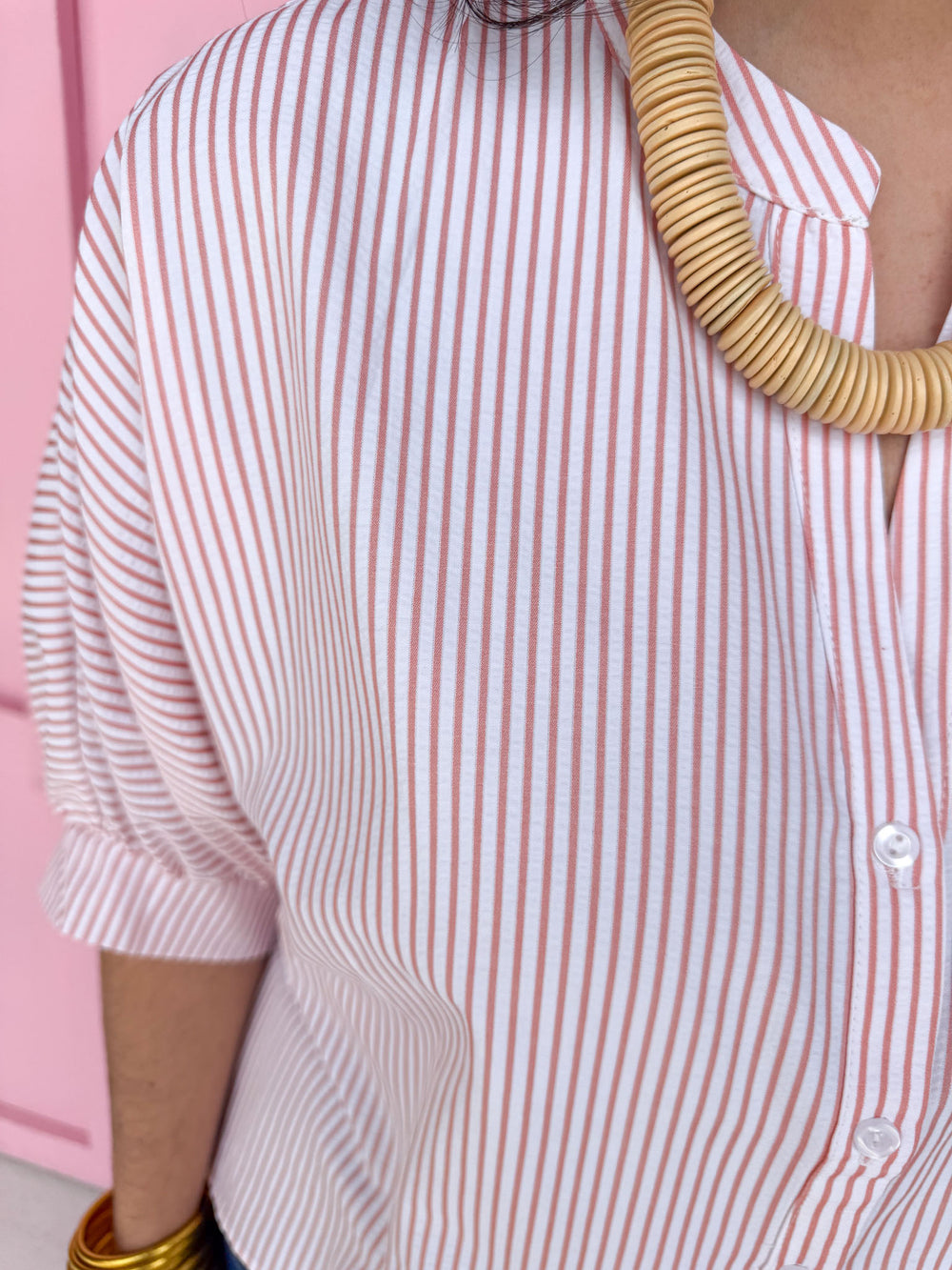 Jincy's Women's Boutique Spring Styles Pink Seersucker Stripe Top