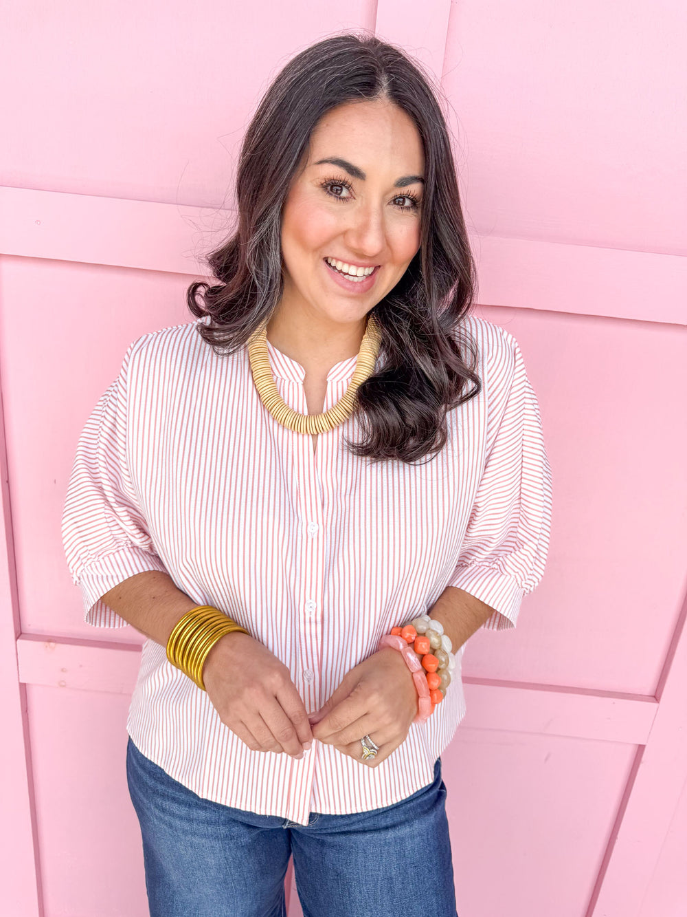 Jincy's Women's Boutique Spring Styles Pink Seersucker Stripe Top