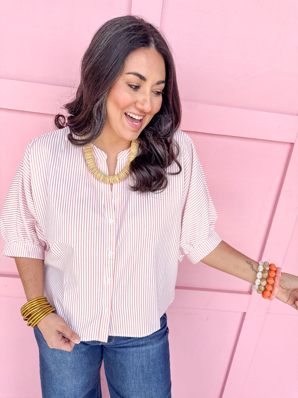 Jincy's Women's Boutique Spring Styles Pink Seersucker Stripe Top