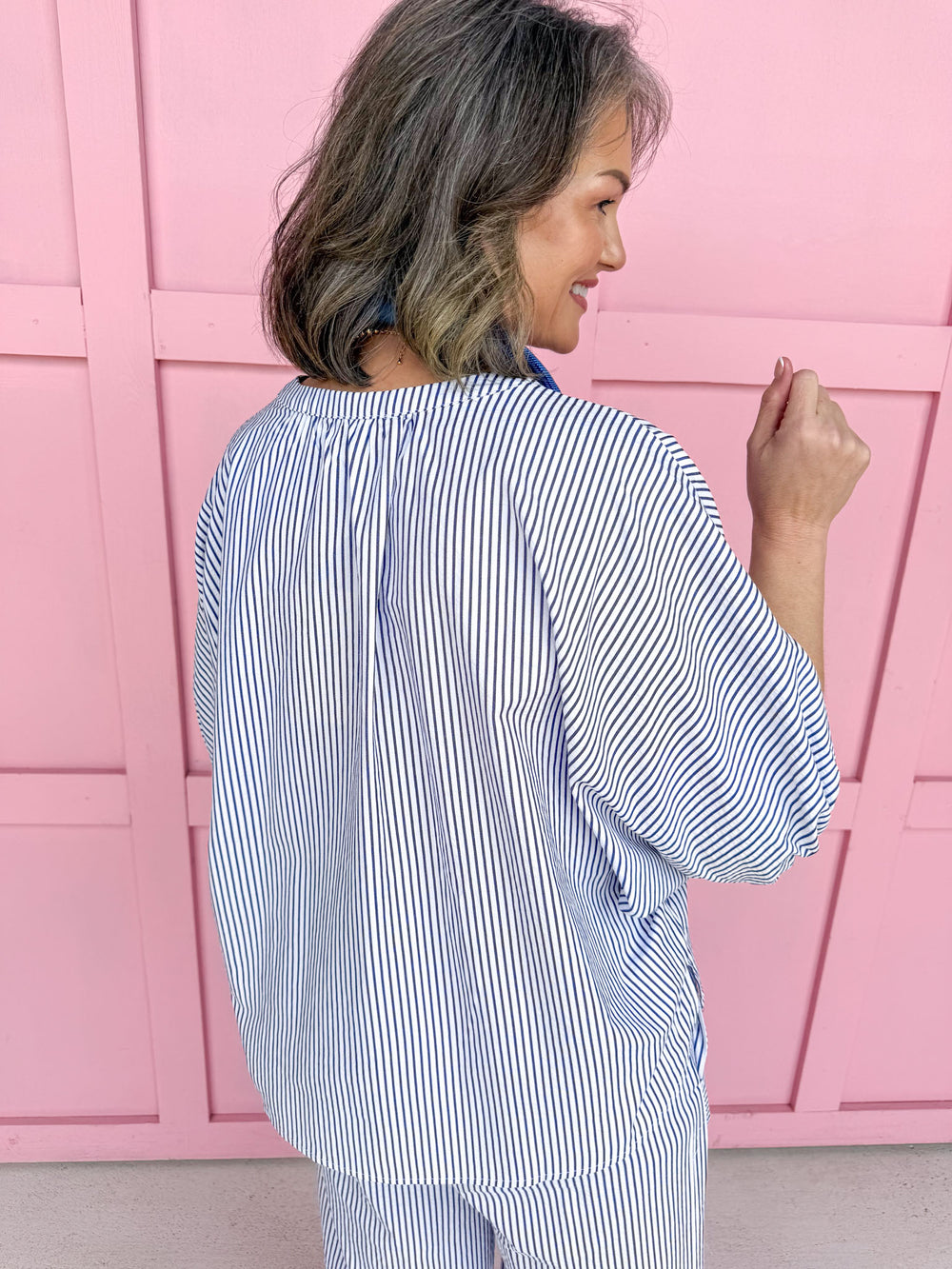 Jincy's Women's Boutique Spring Styles Navy Seersucker Stripe Top