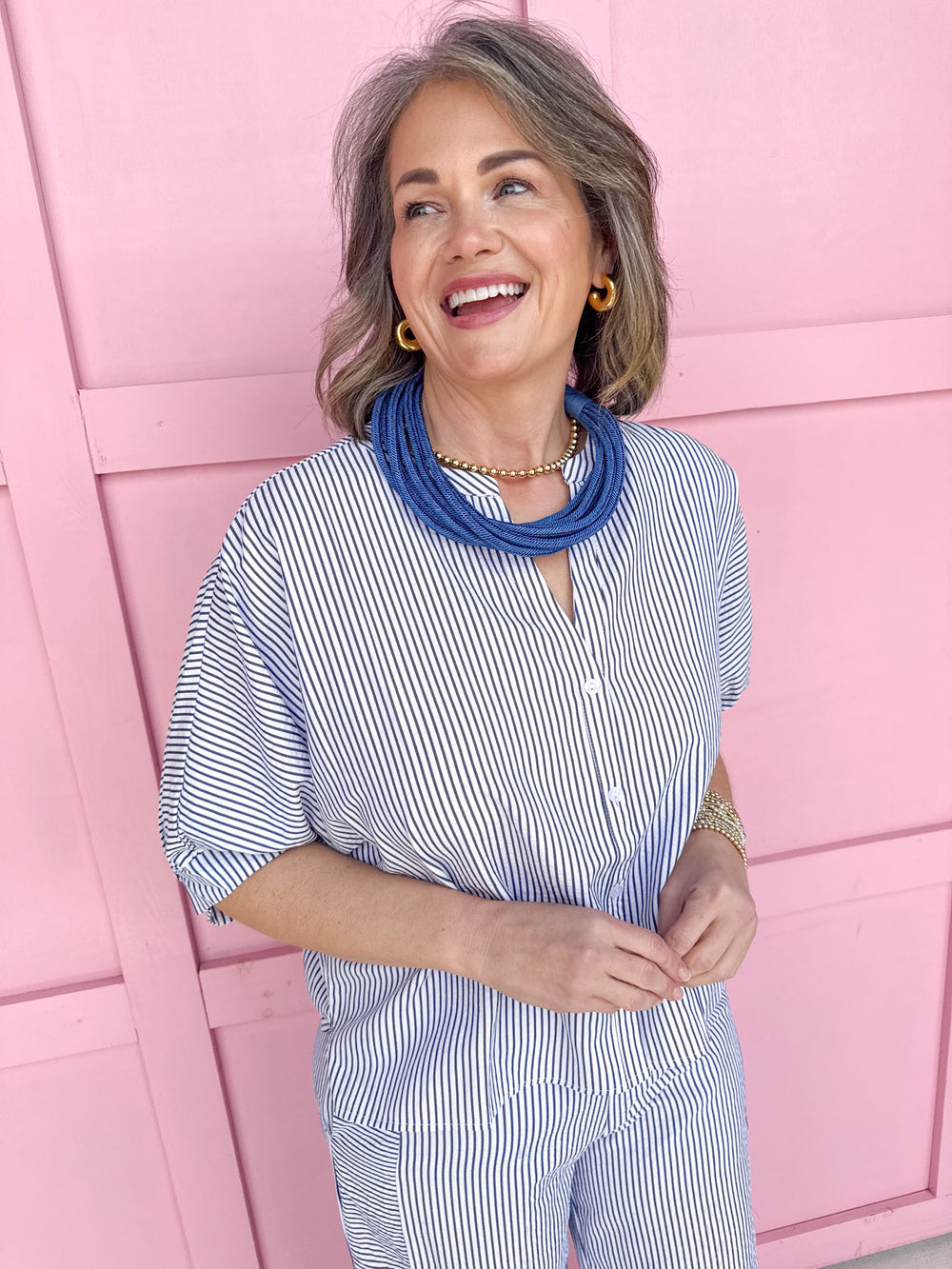 Jincy's Women's Boutique Spring Styles Navy Seersucker Stripe Top