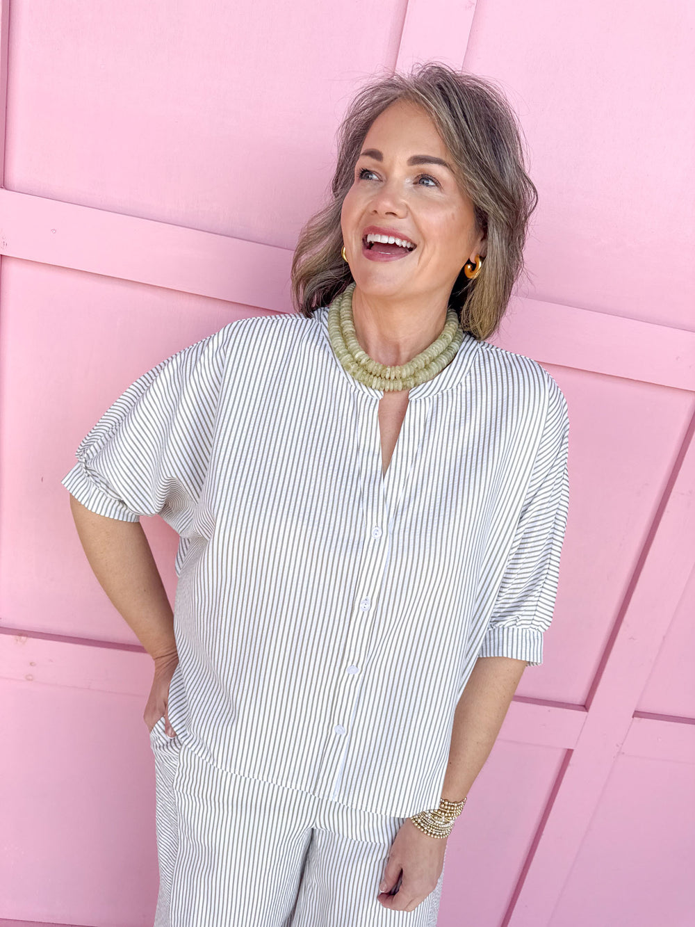 Jincy's Women's Boutique Spring Styles Sage Green Seersucker Stripe Top