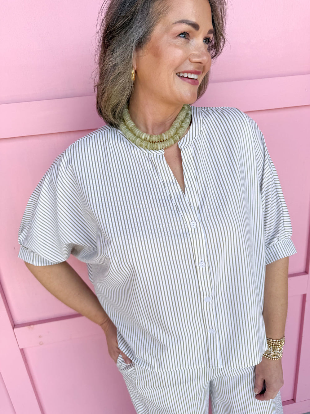 Jincy's Women's Boutique Spring Styles Sage Green Seersucker Stripe Top