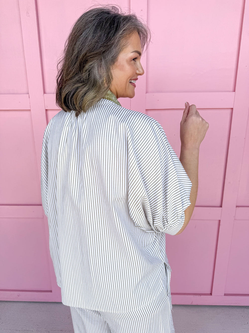 Jincy's Women's Boutique Spring Styles Sage Green Seersucker Stripe Top