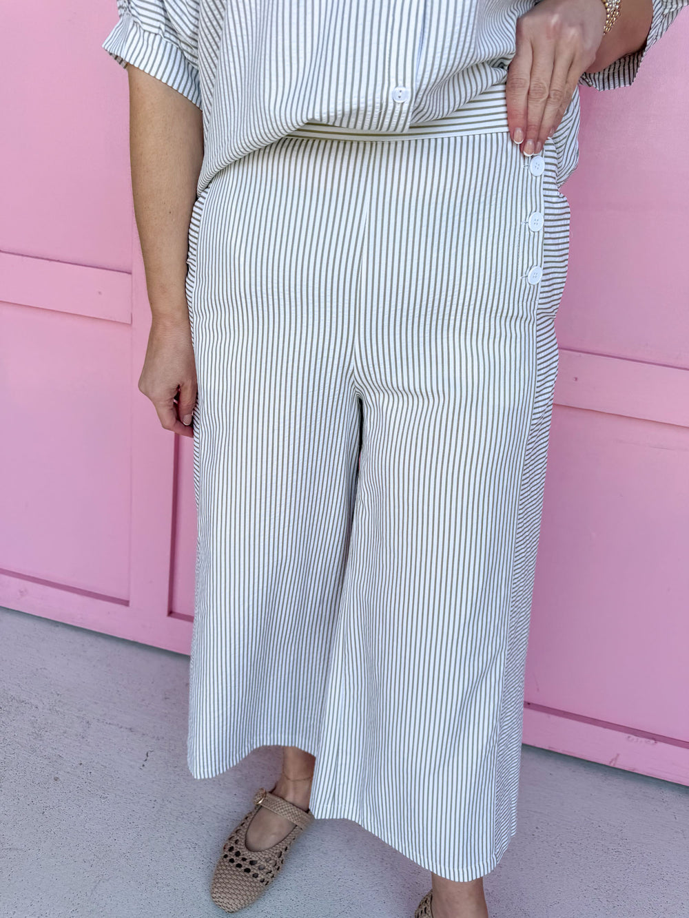 Jincy's Women's Boutique Spring Styles Seersucker Stripe Sage Green Pants