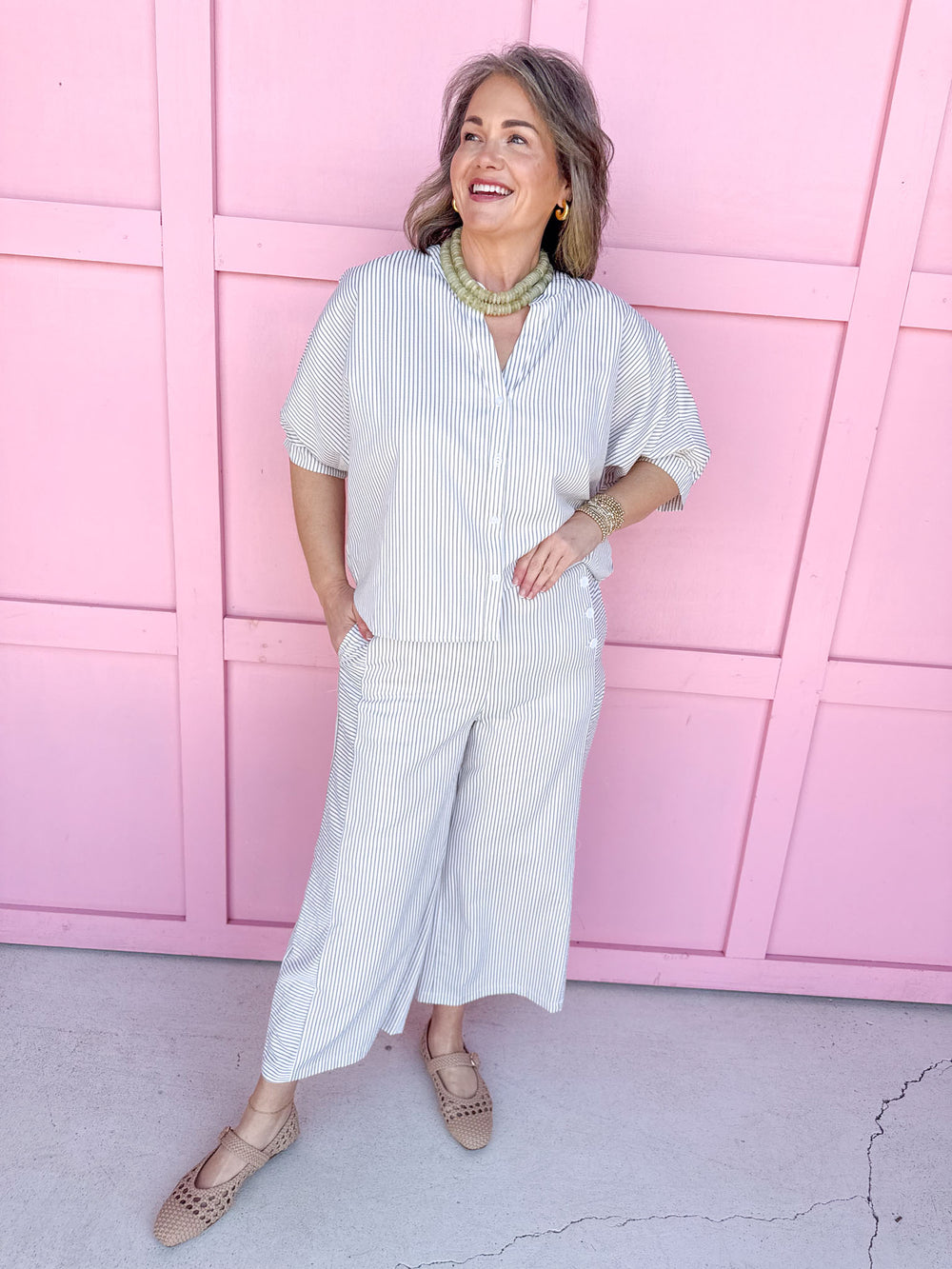 Jincy's Women's Boutique Spring Styles Seersucker Stripe Sage Green Pants