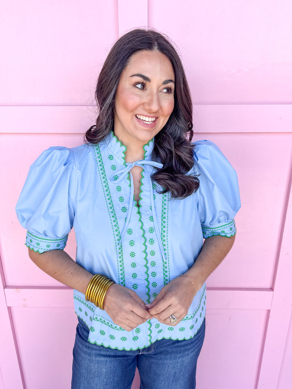 Jincy's Women's Boutique Spring Styles Light Blue Green Embroidered Top