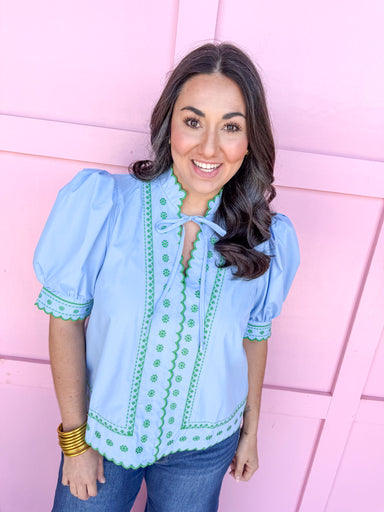 Jincy's Women's Boutique Spring Styles Light Blue Green Embroidered Top