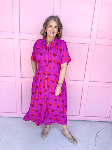 Jincy's Women's Boutique Spring Styles Magenta Block Floral Maxi Midi Dress