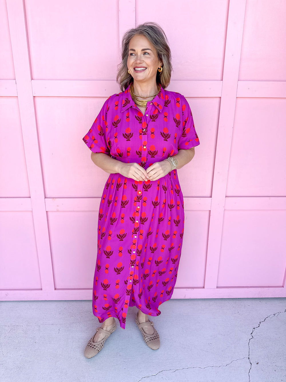 Jincy's Women's Boutique Spring Styles Magenta Block Floral Maxi Midi Dress