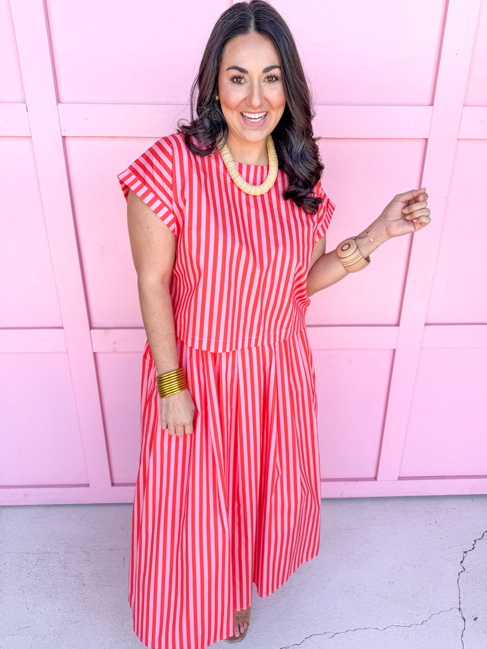 Jincy's Women's Boutique Spring Styles Pink & Poppy Stripe Maxi Midi Set
