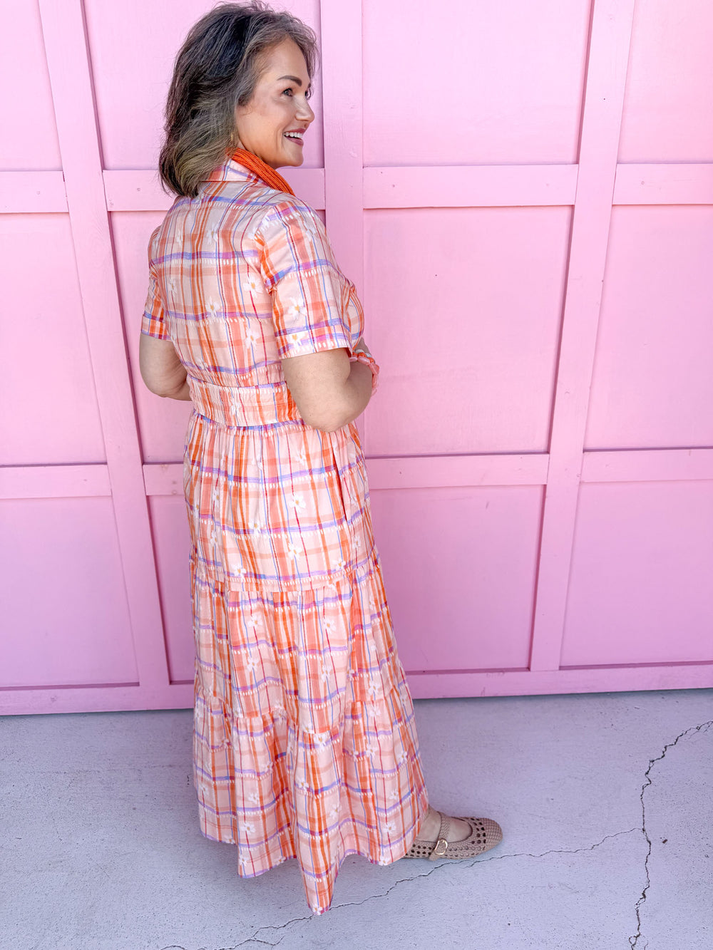 Jincy's Women's Boutique Spring Styles Orange Purple & Peach Plaid & Floral Maxi Midi Dress