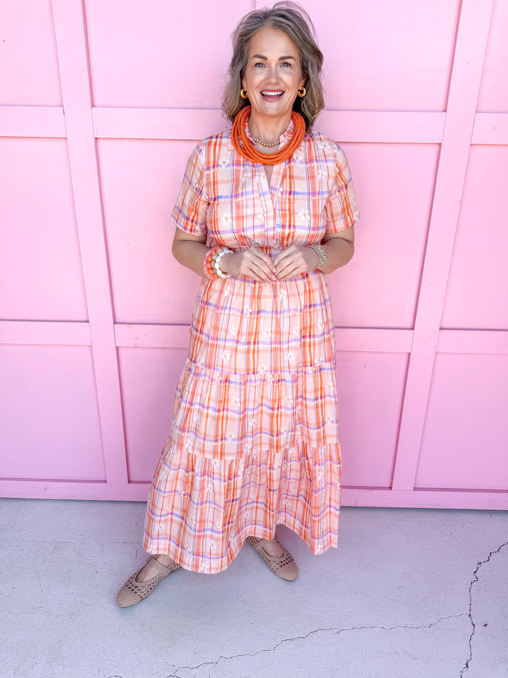 Jincy's Women's Boutique Spring Styles Orange Purple & Peach Plaid & Floral Maxi Midi Dress