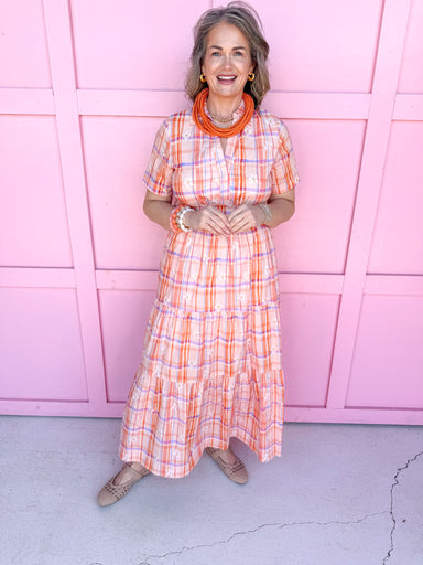 Jincy's Women's Boutique Spring Styles Orange Purple & Peach Plaid & Floral Maxi Midi Dress